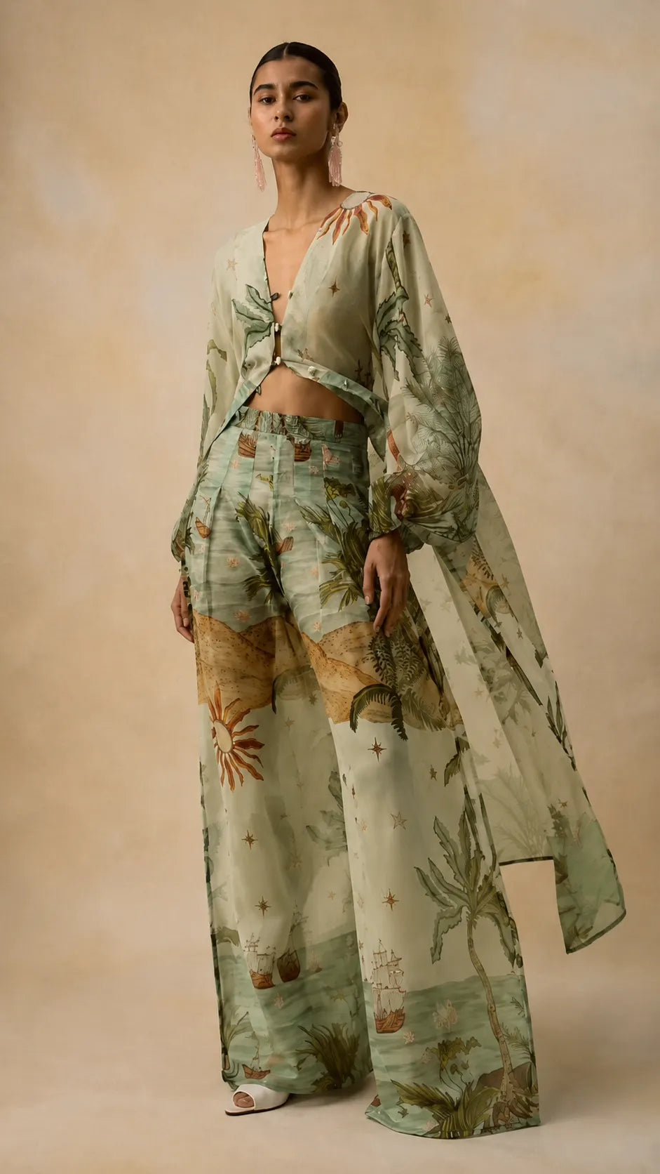 Boho Chic Tropical Print Pants Set - Asymmetric Cape & Wide Leg Pants Co-ord