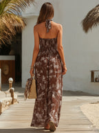 Desert Wander Brown Floral Halter Neck Chiffon Maxi Dress