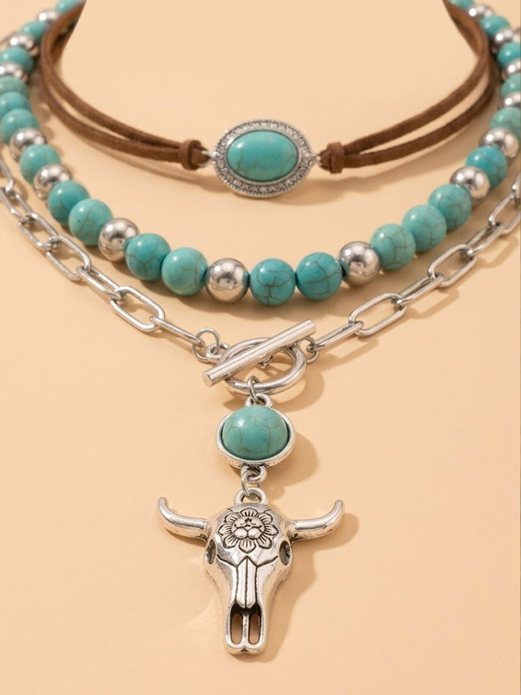 Vintage Western Layered Necklace, Women's Turquoise Bull Skull Pendant Set