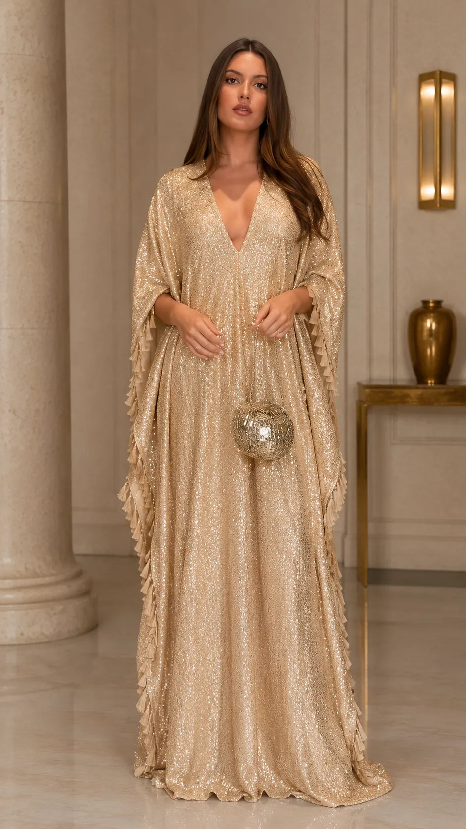 Sequin Evening Gown with Dramatic Ruffled Cape Sleeves - Deep V-Neck Mermaid Maxi Dress