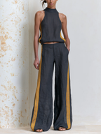 Women’s Sleeveless High Neck Top & Wide Leg Pants Set with Contrast Stripe
