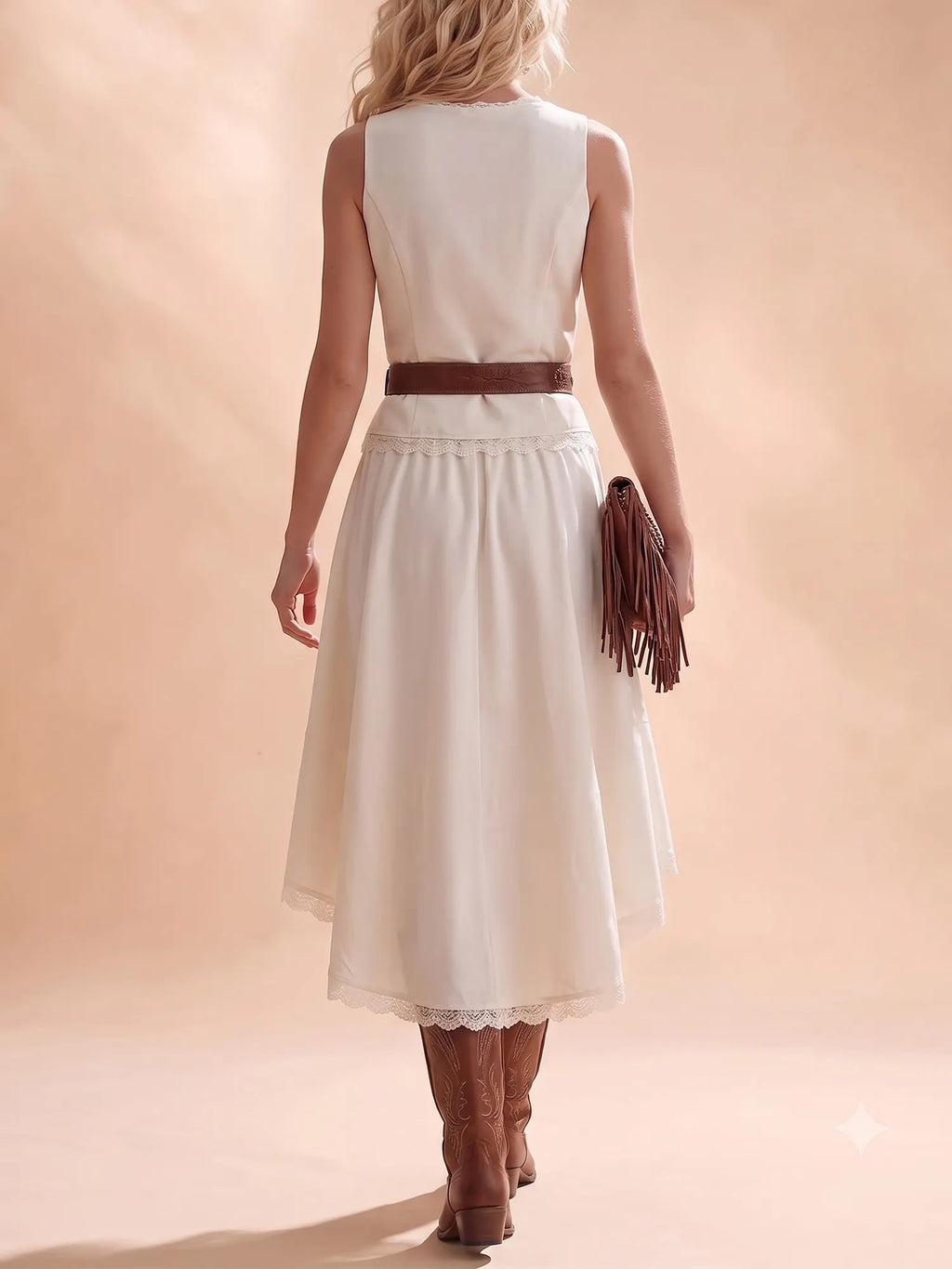 Western Dress — Cream Two-Piece Look Lace Patchwork Midi Dress