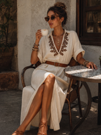 Loose-fitting Vacation-style Collared Short-sleeved Brown Embroidered Beige Maxi Dress