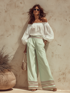 Elegant Vacation-style Off-the-shoulder Top And Color-blocked Striped Flared Pants Set