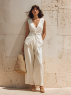 Old Money Sleeveless Top With Twisted Neckline And Wide-Leg Trousers White Cotton-Linen Set