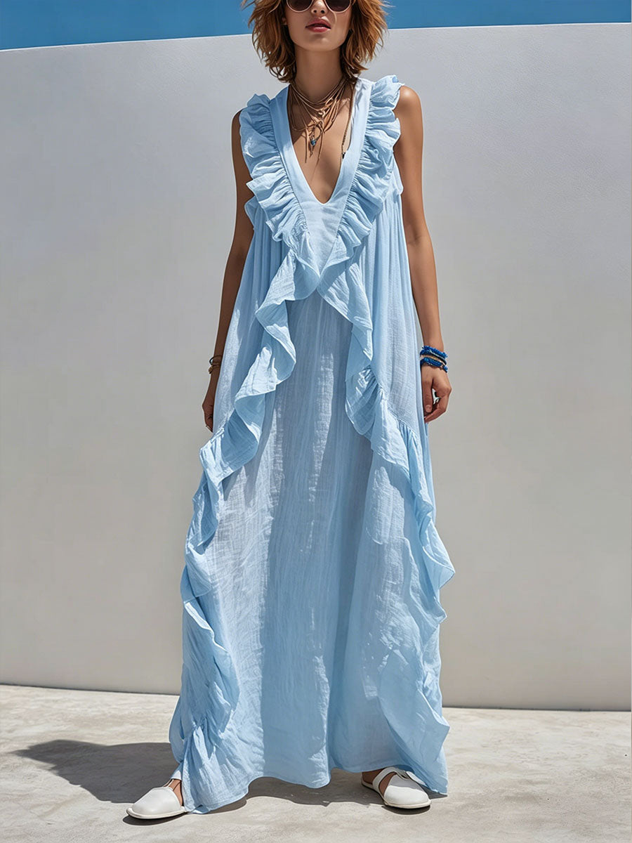 Women's Solid-color V-neck Sleeveless Casual Loose Cotton-linen Dress With Ruffles