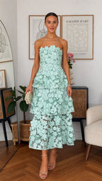 Strapless Tiered Floral Lace Maxi Dress - Sweetheart Neckline Formal Gown