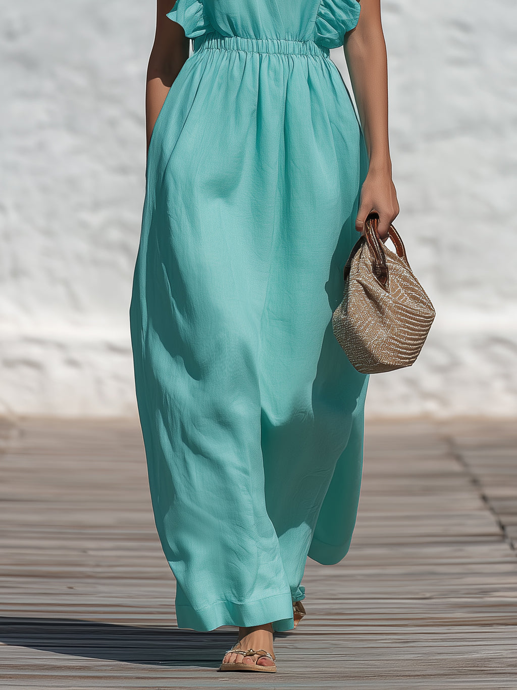 Capri Vibe Turquoise Linen Blend Ruffle Sleeve Maxi Dress