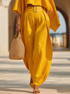 Tropical Beach Golden Yellow Linen Blend One Shoulder Crop Top Belted Wide Leg Two-Piece Set
