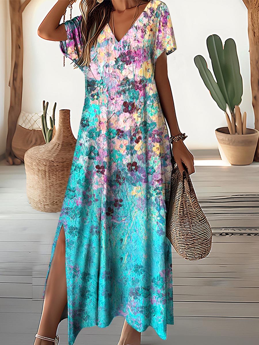 Damen Resort-Kleid mit V-Ausschnitt und Blumenmuster