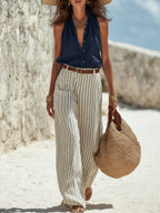 Vacation-style Dark Blue Sleeveless Shirt And Striped Wide-leg Trousers Set