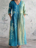 Damen V-Ausschnitt Blaues Gradient-Gold-Glitzer-Muster Bedrucktes Baumwoll-Leinen-Kleid mit Taschen
