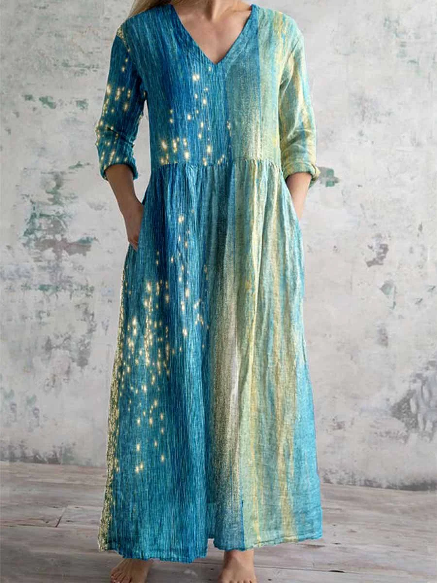 Damen V-Ausschnitt Blaues Gradient-Gold-Glitzer-Muster Bedrucktes Baumwoll-Leinen-Kleid mit Taschen