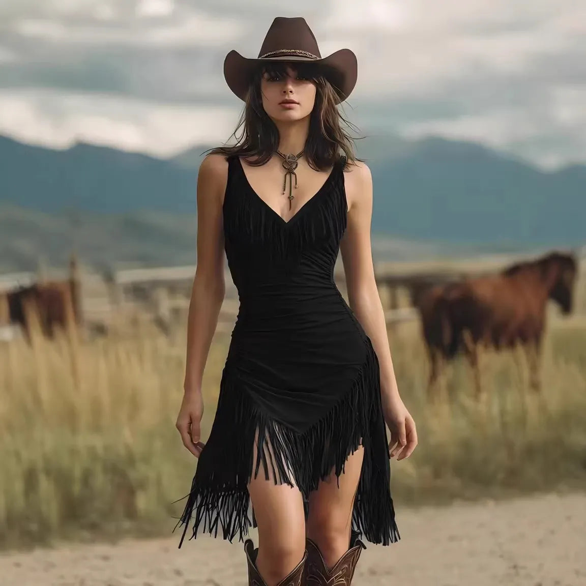 Spring Concert Outfit Olive Green Faux Leather Fringe Dress With V-Neck And Asymmetric Hem For Women