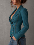 Elegant Lace Panel Double Breasted Corset Waist Cropped Blazer