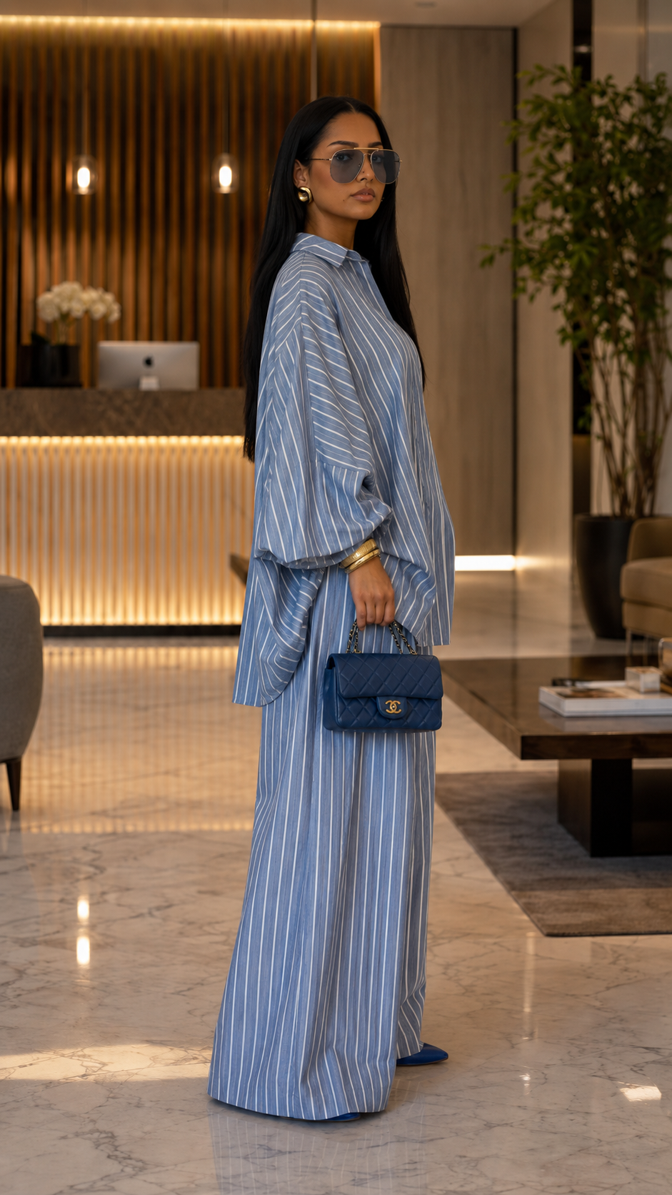 Boho Chic Striped Linen Blend Set - Flared Sleeve Button-Up Top & Wide Leg Pants Co-ord