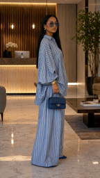 Boho Chic Striped Linen Blend Set - Flared Sleeve Button-Up Top & Wide Leg Pants Co-ord