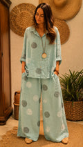 Washed Polka Dot Linen Blend Set - Oversized Button-Up Shirt & High-Waisted Wide Leg Pants Co-ord