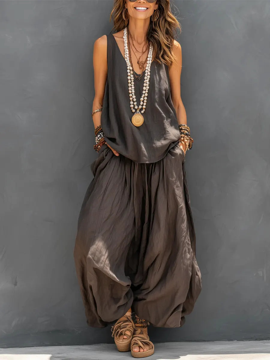 Women's Solid Color Casual Sleeveless Vest And Wide-leg Pants Cotton Linen Set