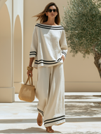 Old Money Black Webbing-Trim Boat Neck Top And Wide-Leg Pants Cotton-Linen Set