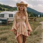 Women's Spring Outdoor Retro Style High Waist Embroidered U-Neck Dress