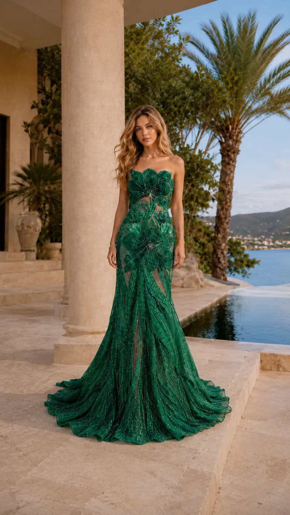 Strapless Floral Appliqué Mermaid Evening Gown