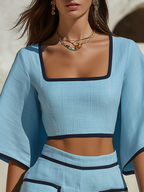 Resort-style Square-neck Short-sleeved Black-trimmed Top And Shorts Set