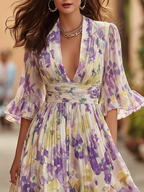 Elegant V-neck Flared Sleeves Floral Print Chiffon Maxi Dress