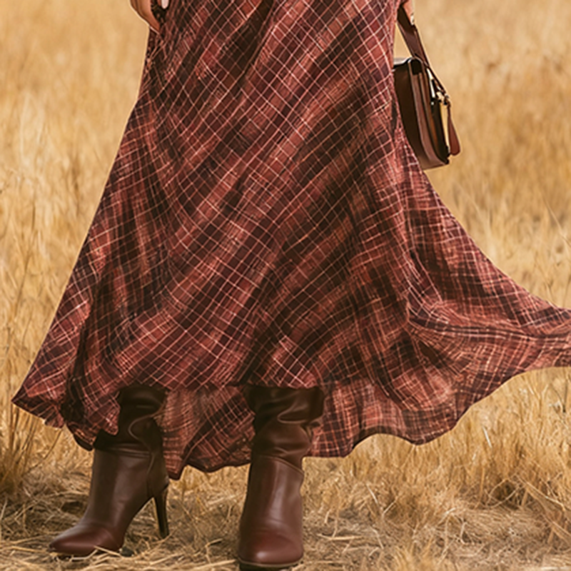Women's Vintage Autumn/Winter Western Country  V-Neck Chiffon Plaid Print Dress