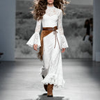 Cowgirl Outfit Women's Retro Western Country Lace-Up Trumpet Sleeve Long Lace Dress