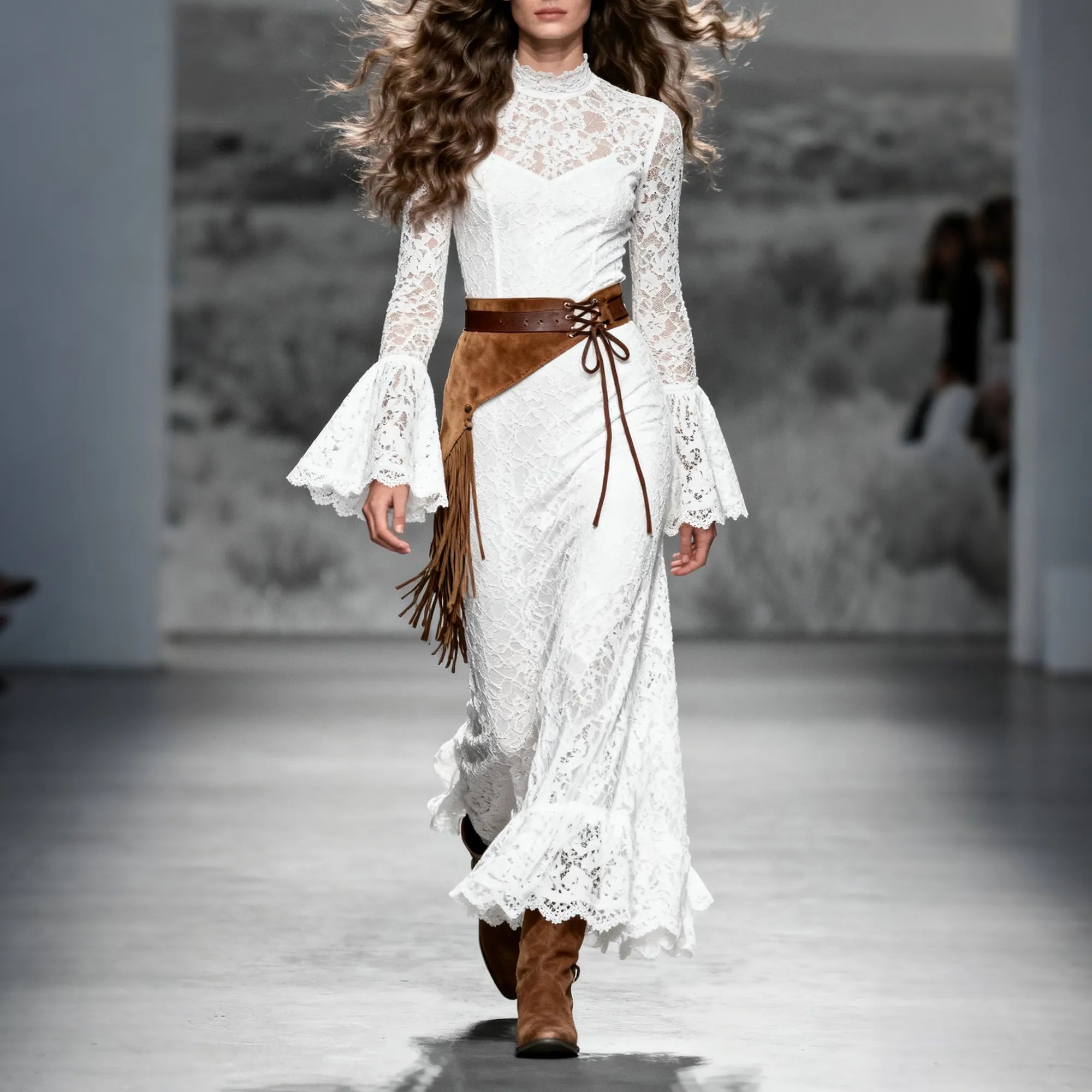 Cowgirl Outfit Women's Retro Western Country Lace-Up Trumpet Sleeve Long Lace Dress