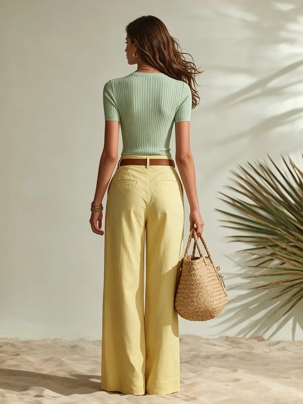 Resort-style Collared Short-sleeve Knit Top And Trousers Set