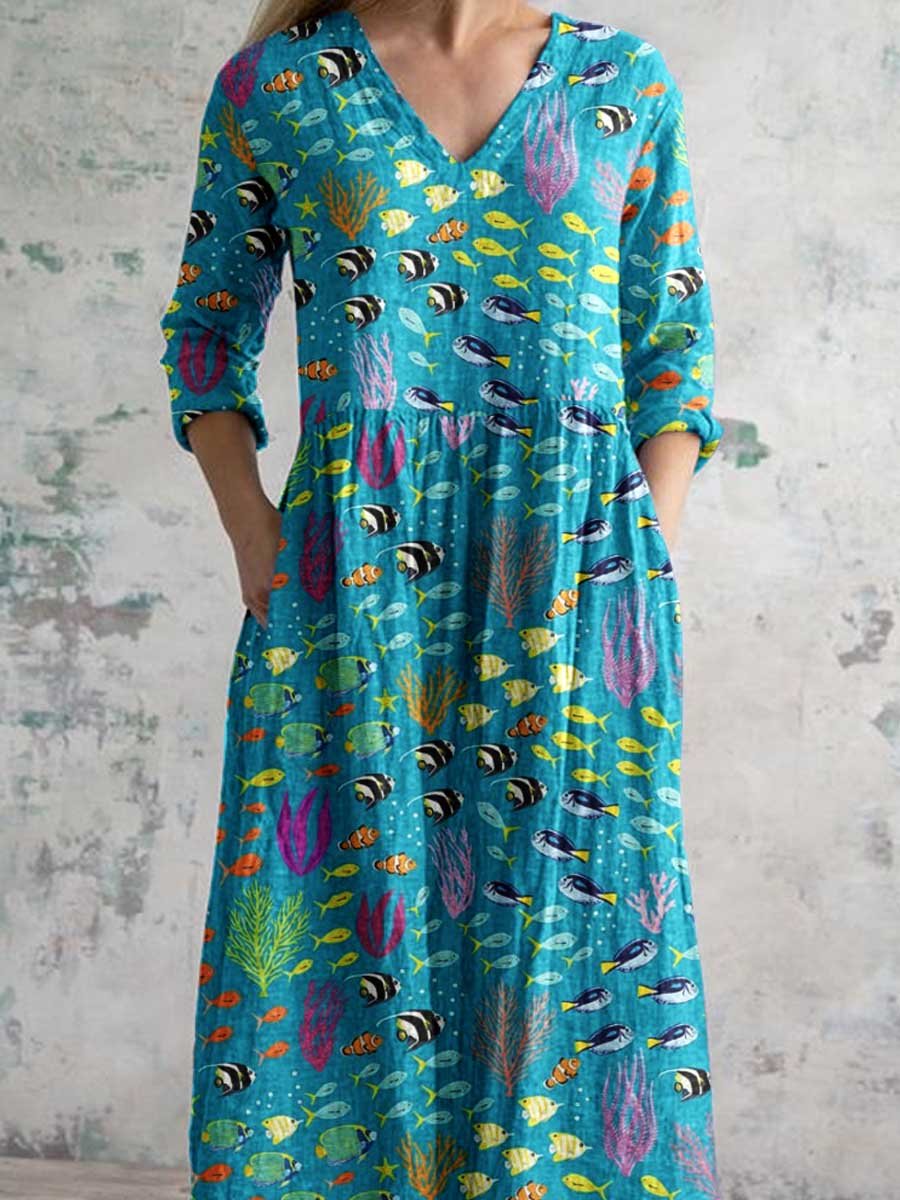 Damen V-Ausschnitt Unterwasserwelt-Muster Baumwoll-Leinen-Kleid mit Taschen