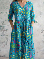 Damen V-Ausschnitt Unterwasserwelt-Muster Baumwoll-Leinen-Kleid mit Taschen