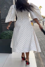 Women's Elegant Puff Sleeve A-Line Polka Dot Dress