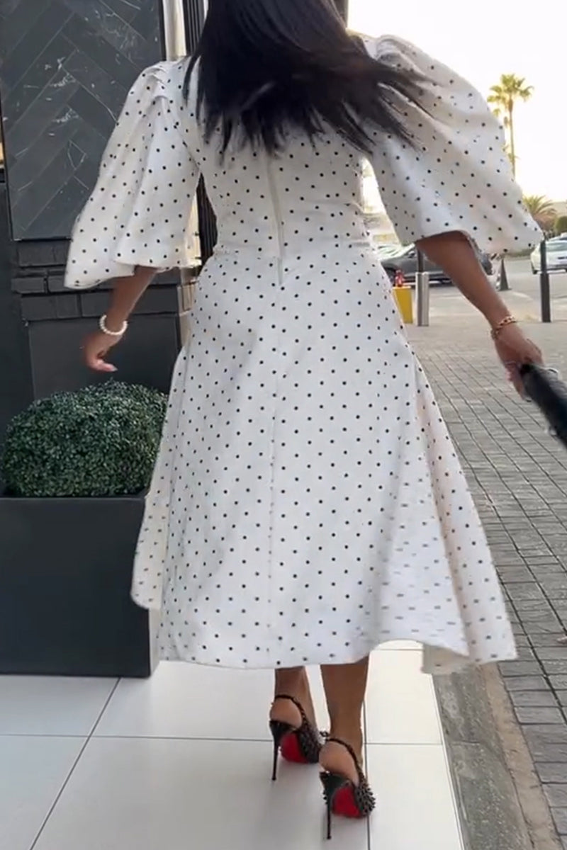 Women's Elegant Puff Sleeve A-Line Polka Dot Dress