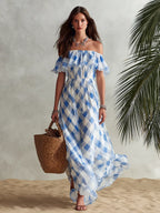 Vacation-style Off-shoulder Ruffled Blue-and-white Checkered Chiffon Maxi Dress