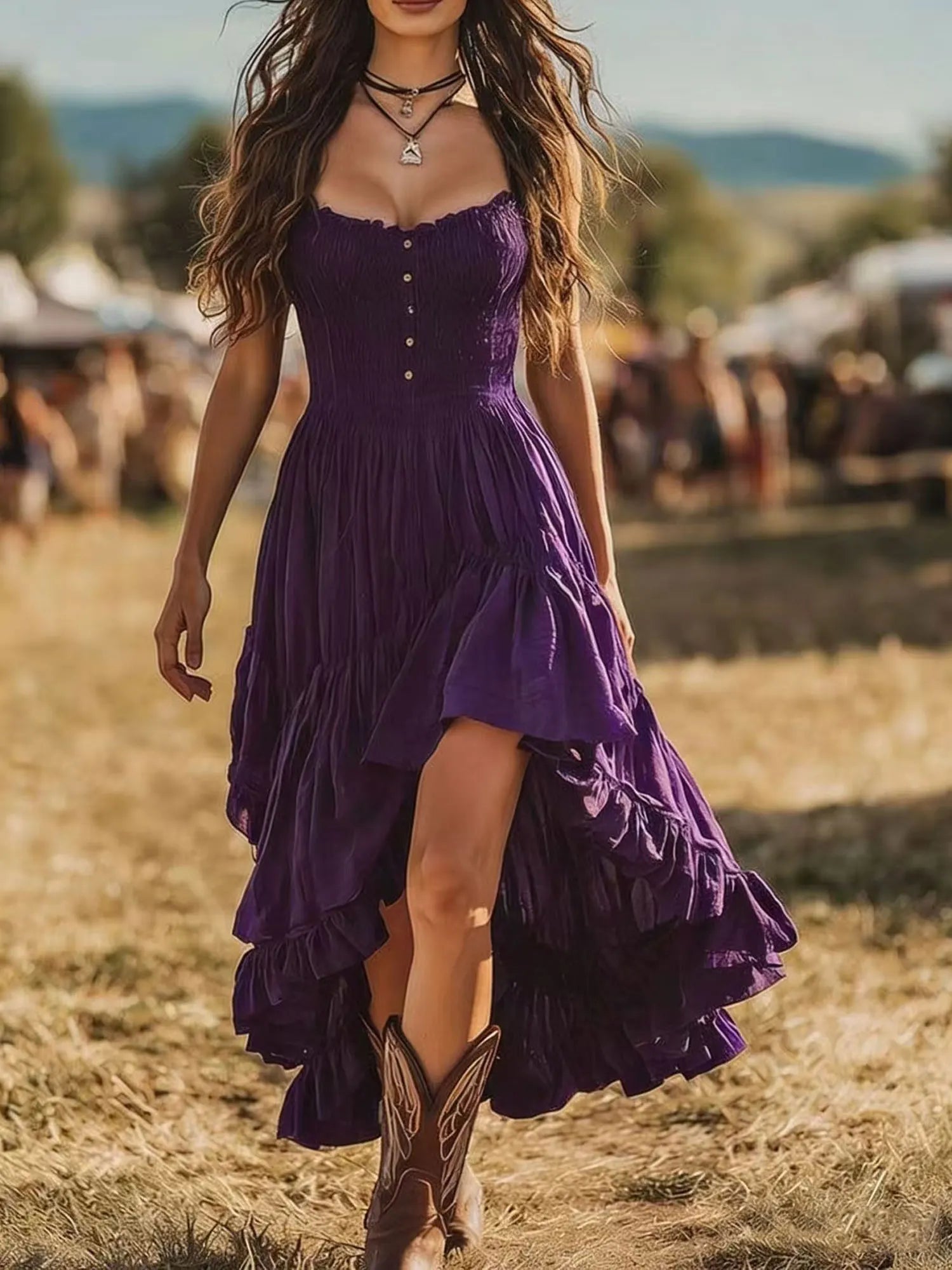 Dark Boho Aesthetic Midnight Desert Romance, Burgundy Smocked High-Low Tiered Maxi Dress