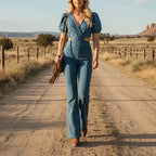 Light Blue 1970s Denim Puff Sleeve Cut-out Jumpsuit