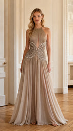 Pleated Halter Open-Back Embellished Evening Gown