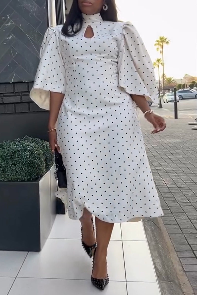 Women's Elegant Puff Sleeve A-Line Polka Dot Dress