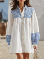 Resort-style Shirt Collar Long-sleeved Striped Mini Dress