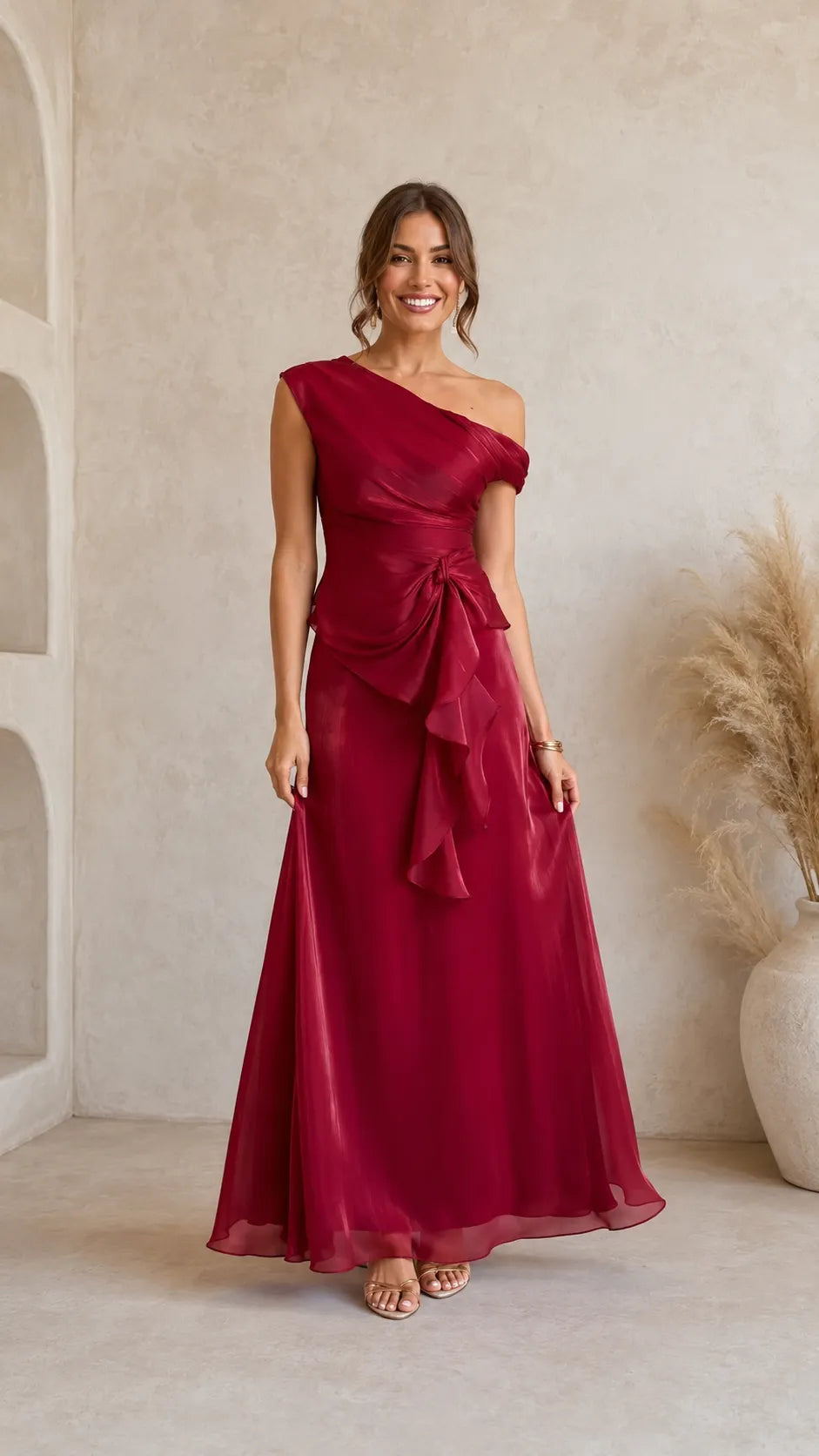 One-Shoulder Ruffle Waist Maxi Evening Dress