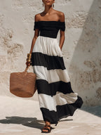 Chic Vacation Off-Shoulder Black And White Striped Chiffon Maxi Dress