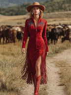 Women's Western-Style Vintage Embroidered Red Fringed Faux Suede Deep V-Neck Zip-Up Dress