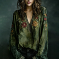 Linen Bohemian Embroidered Top Women's Loose Long Sleeve Peasant Blouse Ethnic Vintage Style Summer Casual Shirt