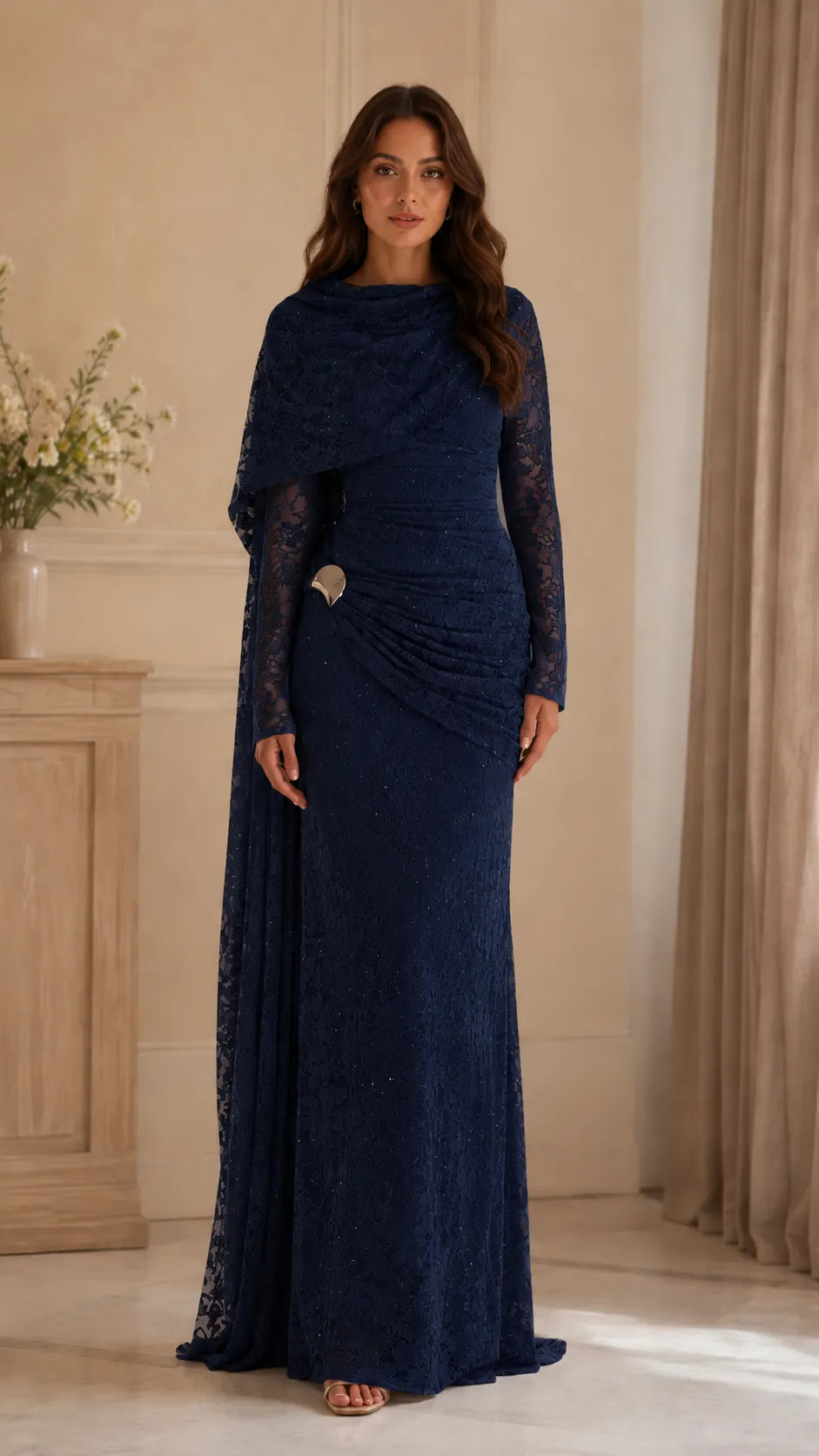 Lace Draped Cape Sleeve Maxi Evening Dress