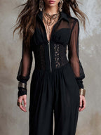 Collared Half Zip Sheer Chiffon Sleeve Lace Corset Waist Gathered Wide Leg Chiffon Jumpsuit