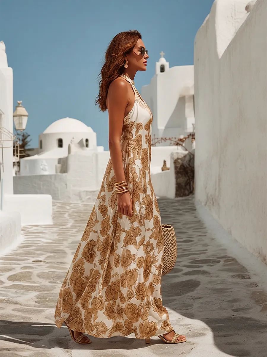 Chic Vacation Sleeveless Floral-Print Satin Maxi Dress