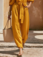 Old Money Off-Shoulder Short-Sleeve Yellow Cotton-Linen Jumpsuit